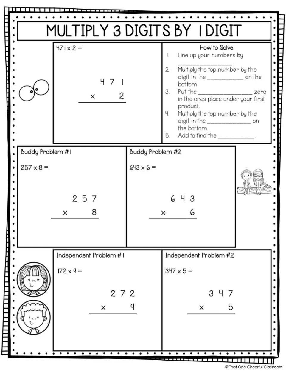 Multiply 3 digits by 1 digit: students fill blanks in the how-to-solve steps and work 471 x 2 plus four more problems