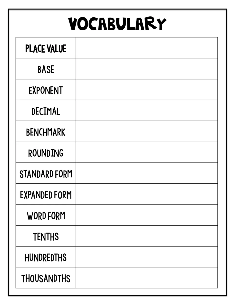 Place value vocabulary: students define 12 terms, including base, exponent, benchmark, rounding, expanded form and tenths