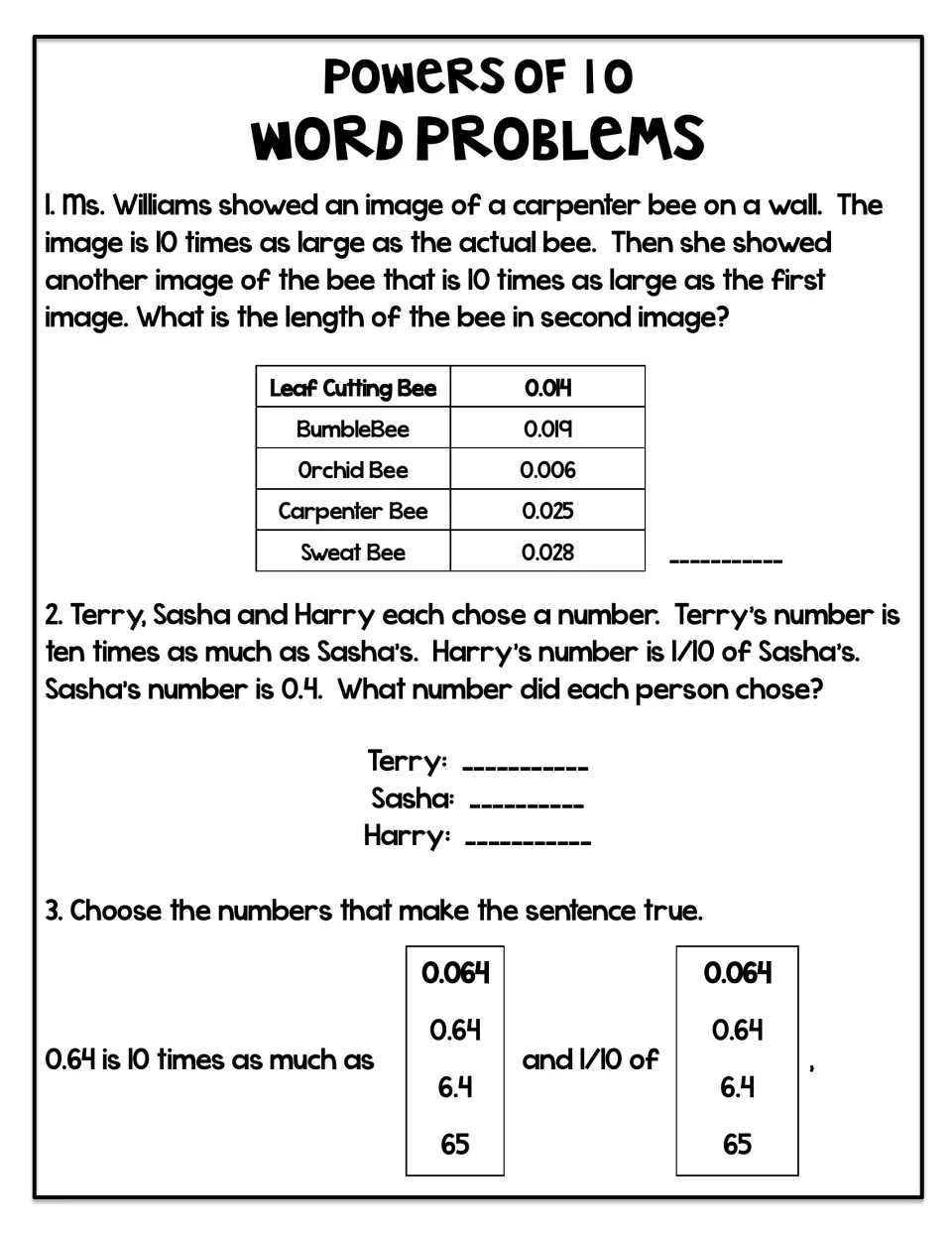 Powers of 10 word problems: students solve problems on bee lengths, Terry, Sasha and Harry's numbers, and 0.64 choices