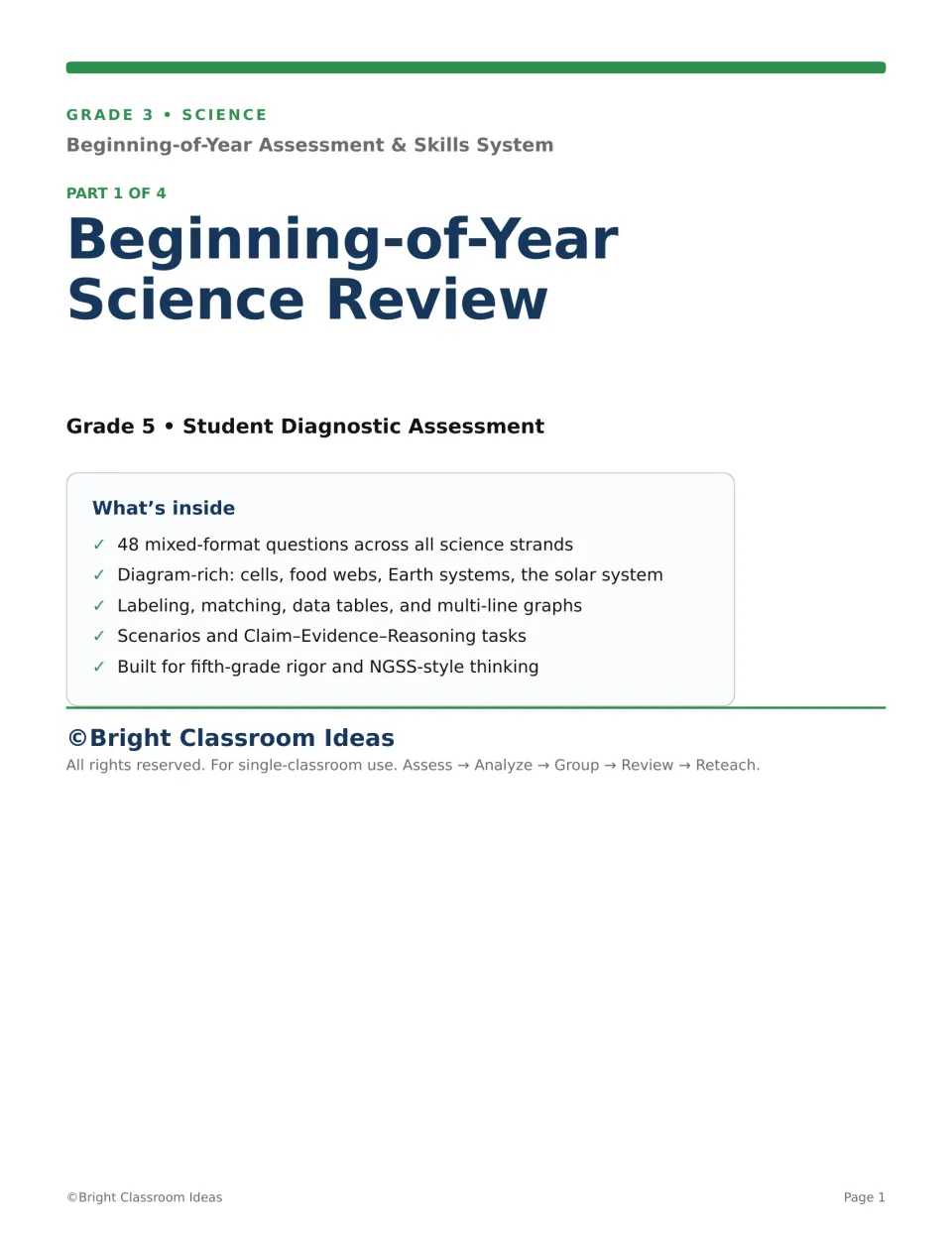 Science diagnostic cover for Part 1 of 4, listing 48 questions, diagram tasks, and Claim-Evidence-Reasoning