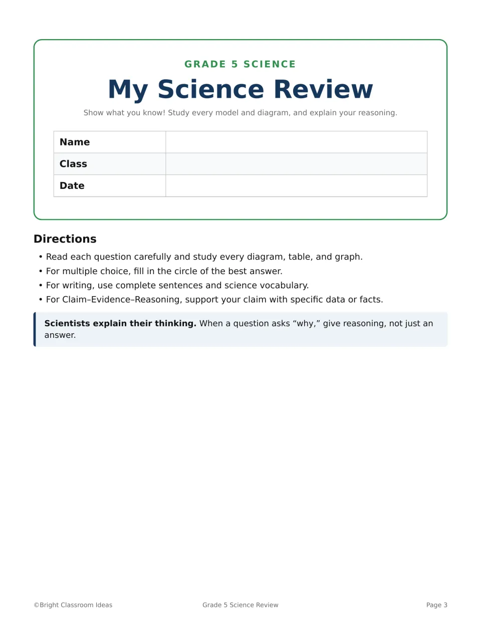 Science diagnostic student introduction with name, class, date, and directions for answers and reasoning