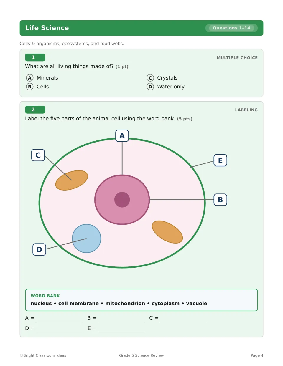 Life Science questions 1–2 ask what living things are made of and require labeling five animal cell parts