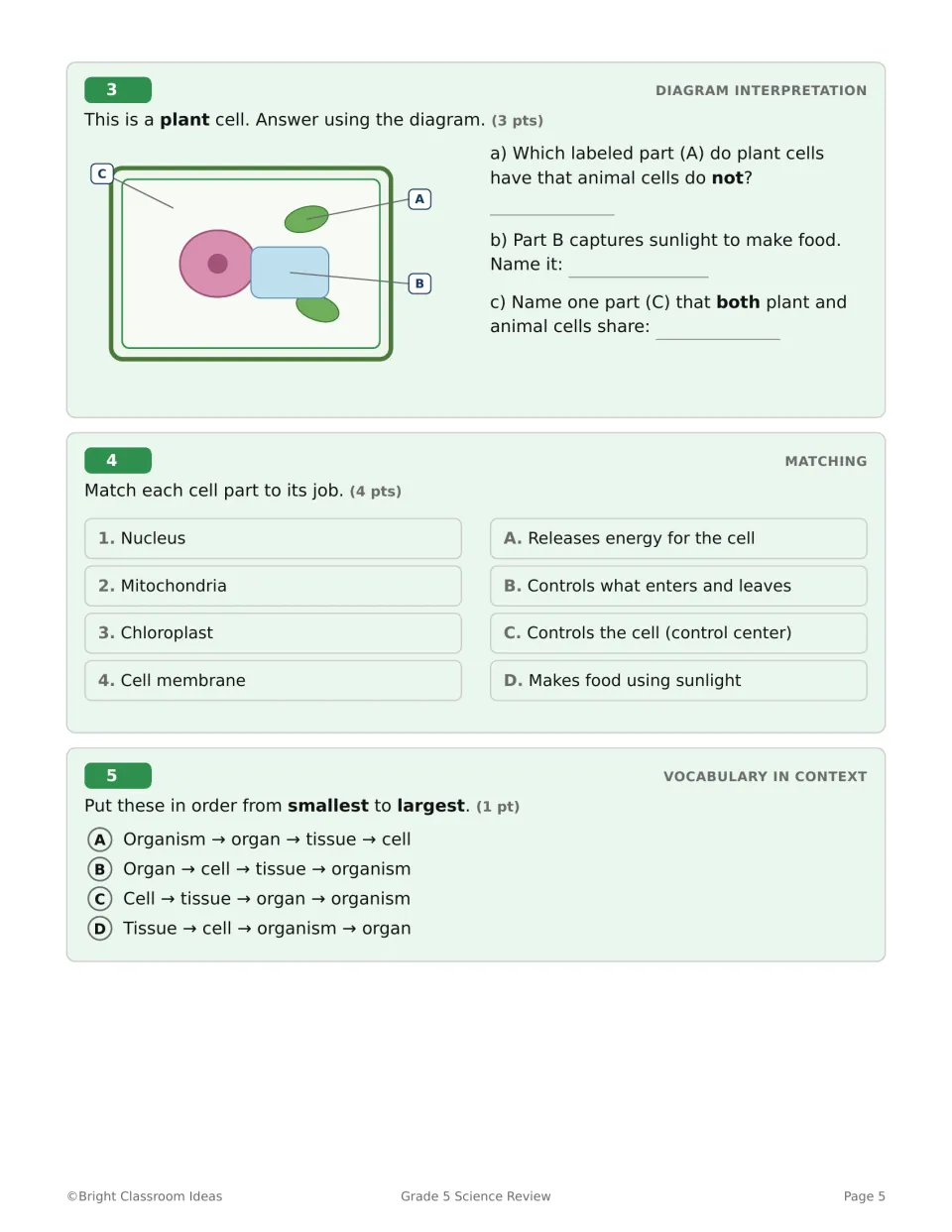 Life Science questions 3–5 cover a plant cell diagram, cell part functions, and smallest-to-largest order