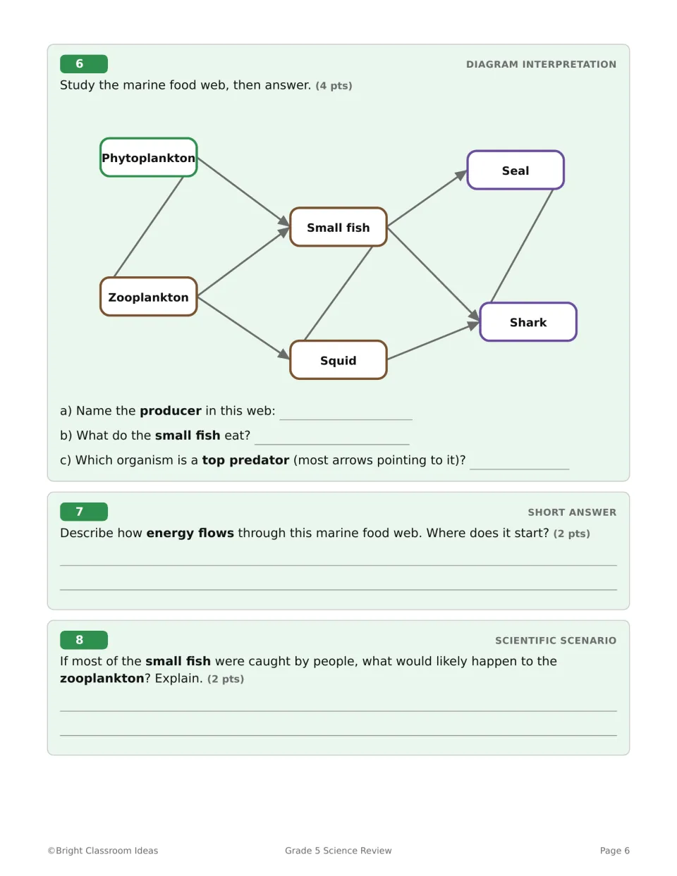 Life Science questions 6–8 use a marine food web to assess feeding relationships and energy flow