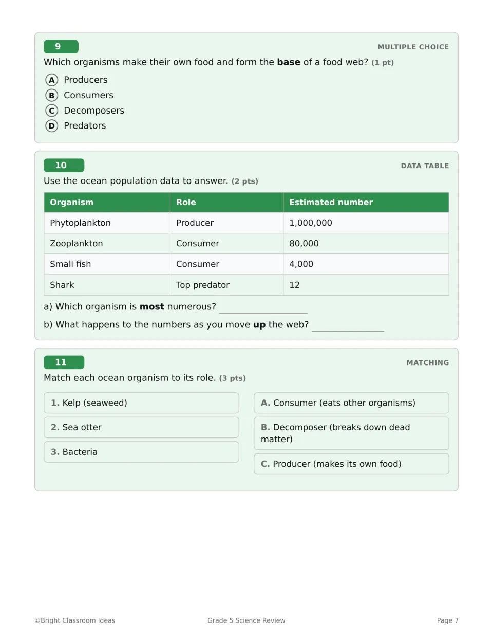Ocean food data, questions 9-11: pick the producers, read a population table and match organism roles