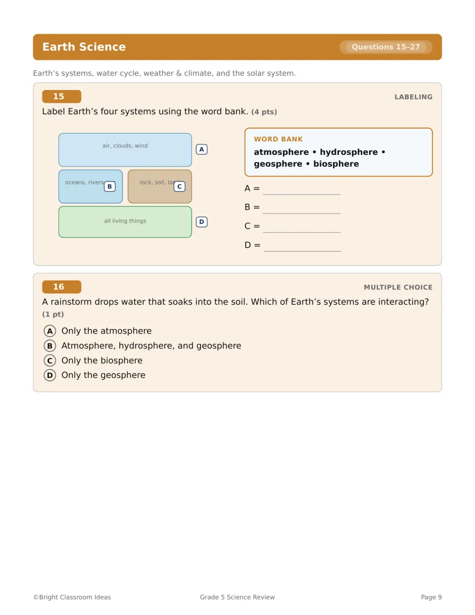 Earth Science questions 15–16 ask students to label Earth's four systems and identify rainstorm interactions