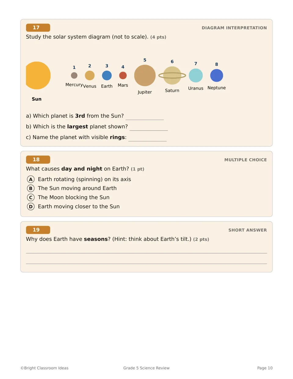 Earth Science questions 17–19 use a solar system diagram and ask what causes day, night, and seasons