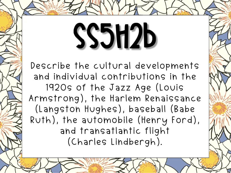 Standard SS5H2b card on 1920s culture: Louis Armstrong, Langston Hughes, Babe Ruth, Henry Ford and Charles Lindbergh