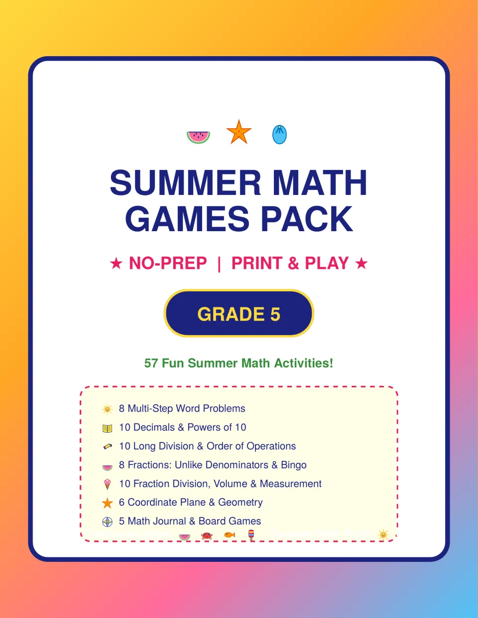 Summer Math Games Pack cover, Grade 5: lists 57 activities from word problems and decimals to fractions and board games