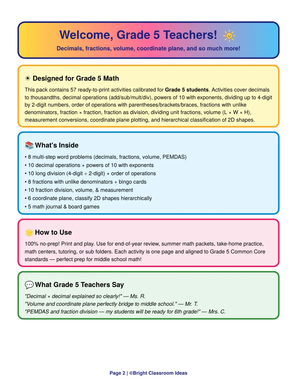 Teacher welcome page listing the topics covered, what's inside by category, how to use the pack and three teacher quotes