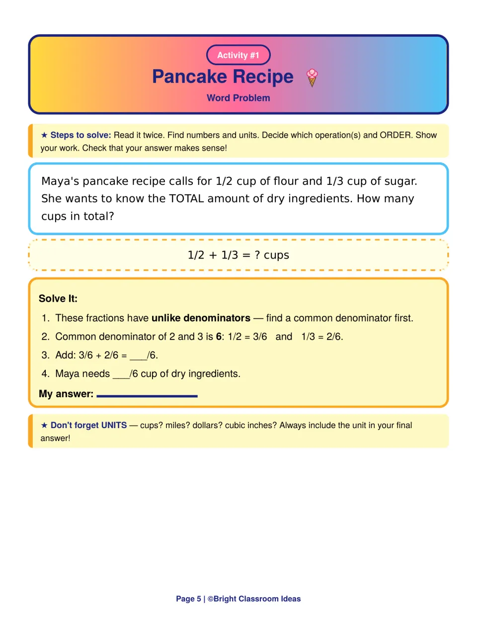 Pancake Recipe word problem: students add 1/2 and 1/3 cup by finding a common denominator of 6 to total dry ingredients