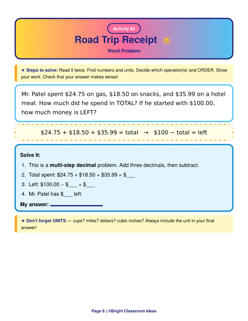 Road Trip Receipt word problem: students add $24.75, $18.50 and $35.99, then subtract from $100 to find what is left