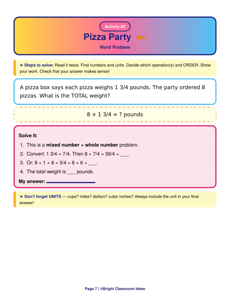 Pizza Party word problem: students multiply 8 pizzas by 1 3/4 pounds each, converting to 7/4 or splitting 8 x 1 + 8 x 3/4