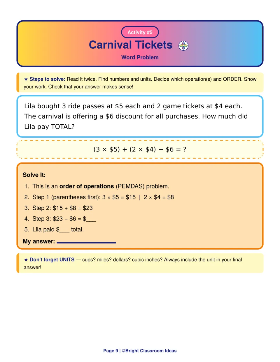 Carnival Tickets word problem: students evaluate (3 x $5) + (2 x $4) - $6 using order of operations to find what Lila paid