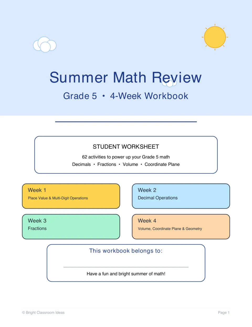 Student workbook cover, 4-week summer review: 62 activities on place value, decimals, fractions, volume and coordinates