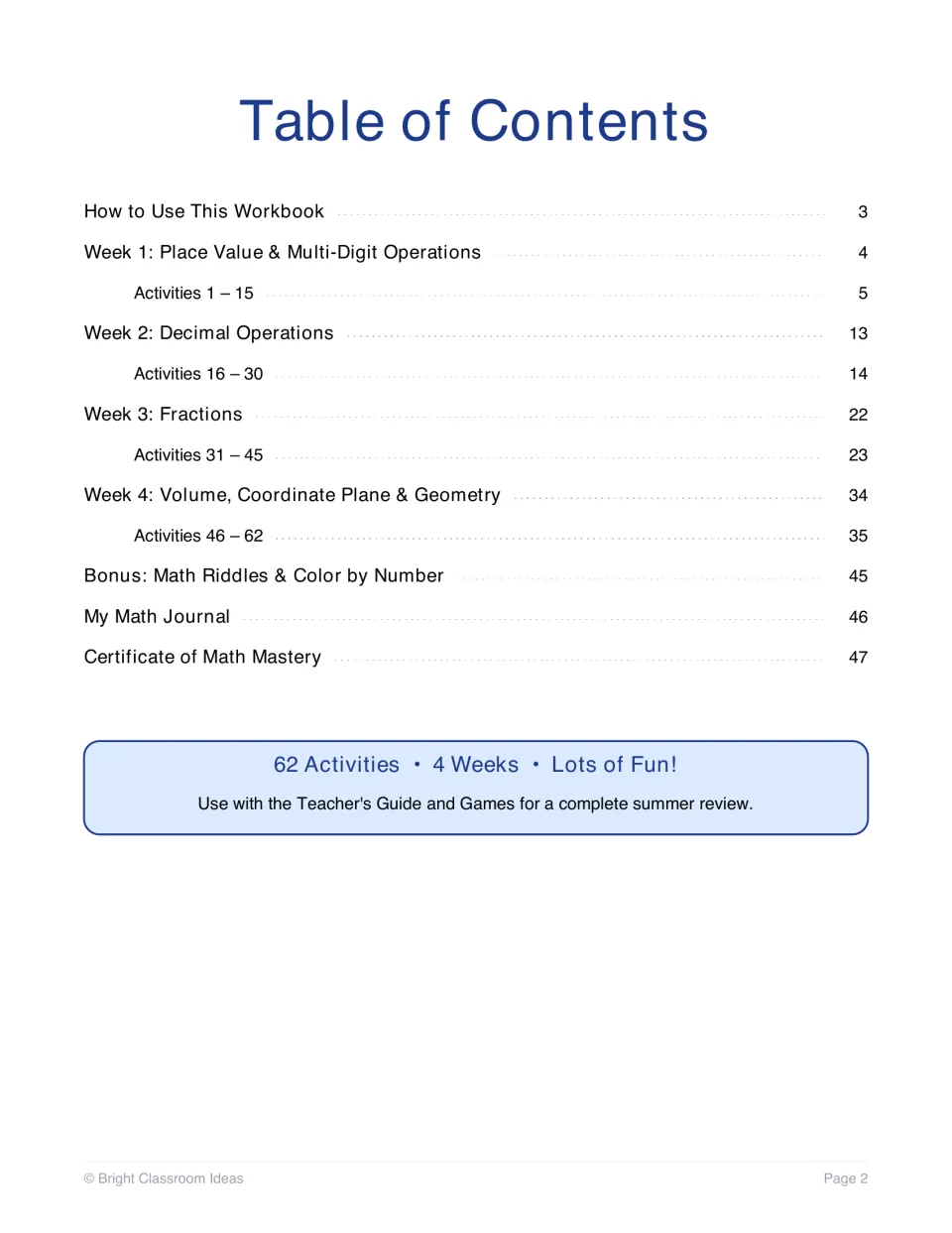 Table of contents: four weekly units of activities 1 to 62, plus math riddles, color by number, a journal and certificate