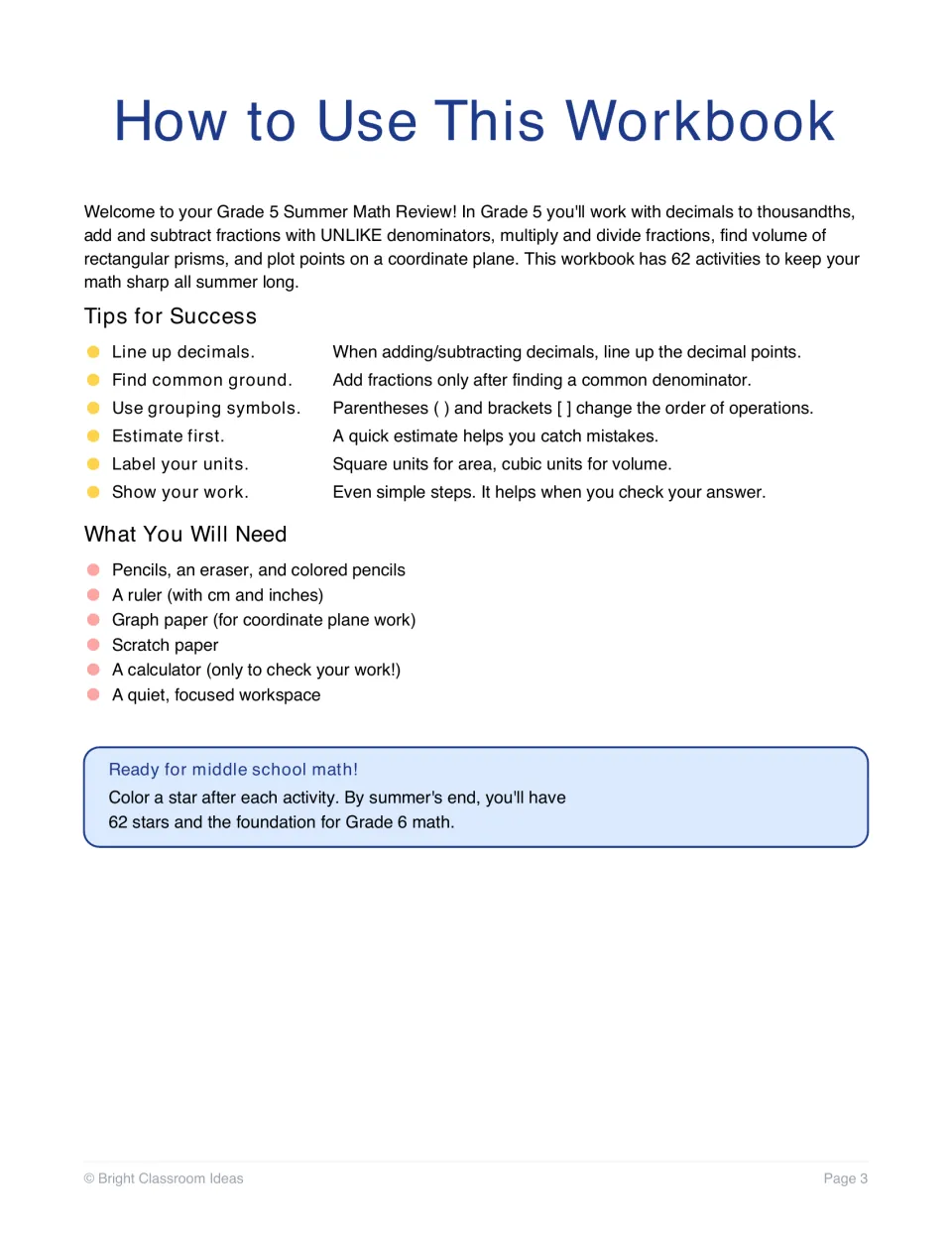 How to Use This Workbook: six tips such as lining up decimals, a supply list and a reminder to color a star per activity