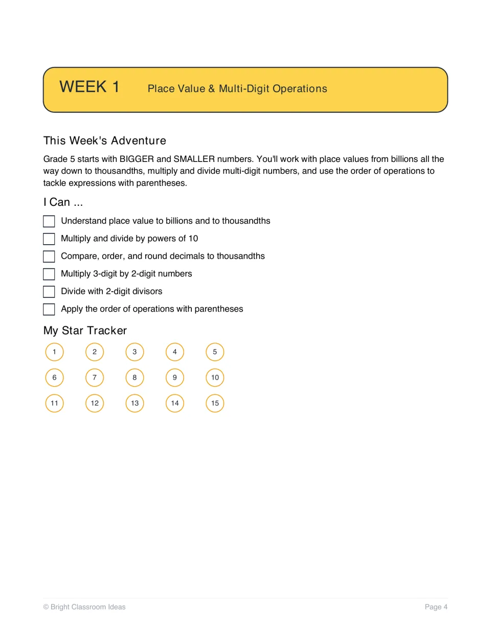 Week 1 place value and multi-digit operations intro: six I Can goals to check off and a star tracker for activities 1-15