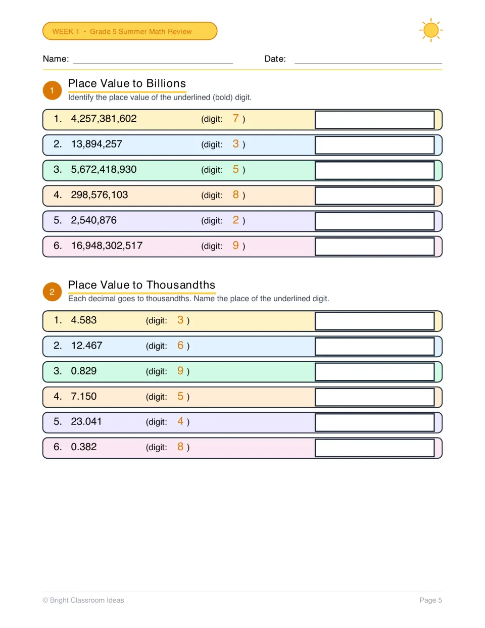 Place value to billions and to thousandths: students name the place of a given digit in 6 whole numbers and 6 decimals
