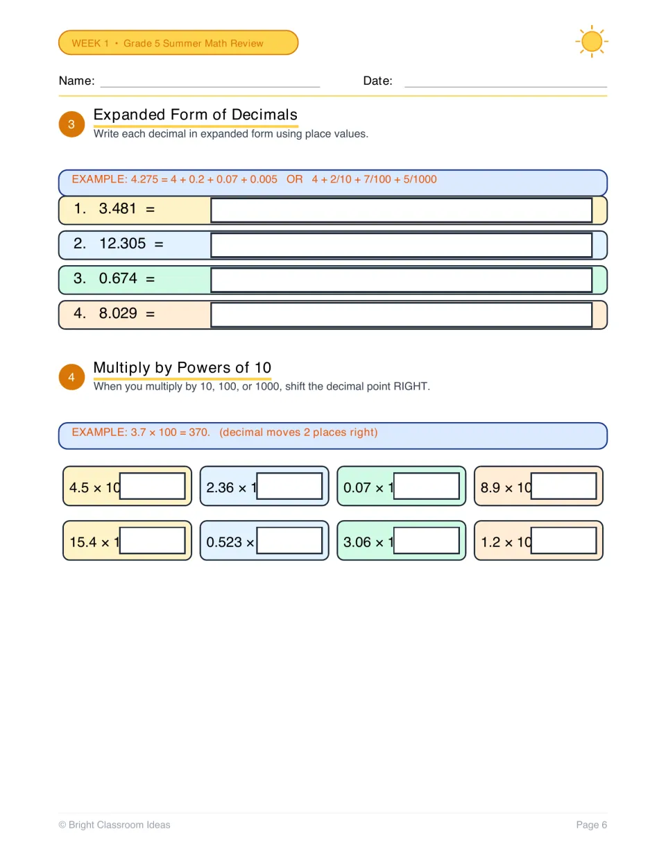 Expanded form of decimals and multiplying by powers of 10: students expand 4 decimals and shift the point in 8 products