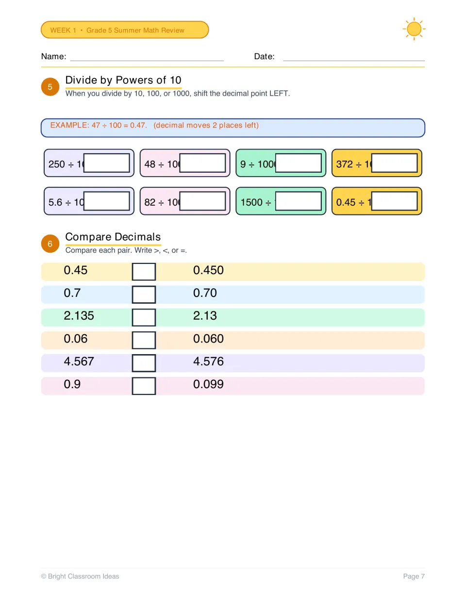 Dividing by powers of 10 and comparing decimals: students solve 8 quotients and write >, < or = for 6 pairs