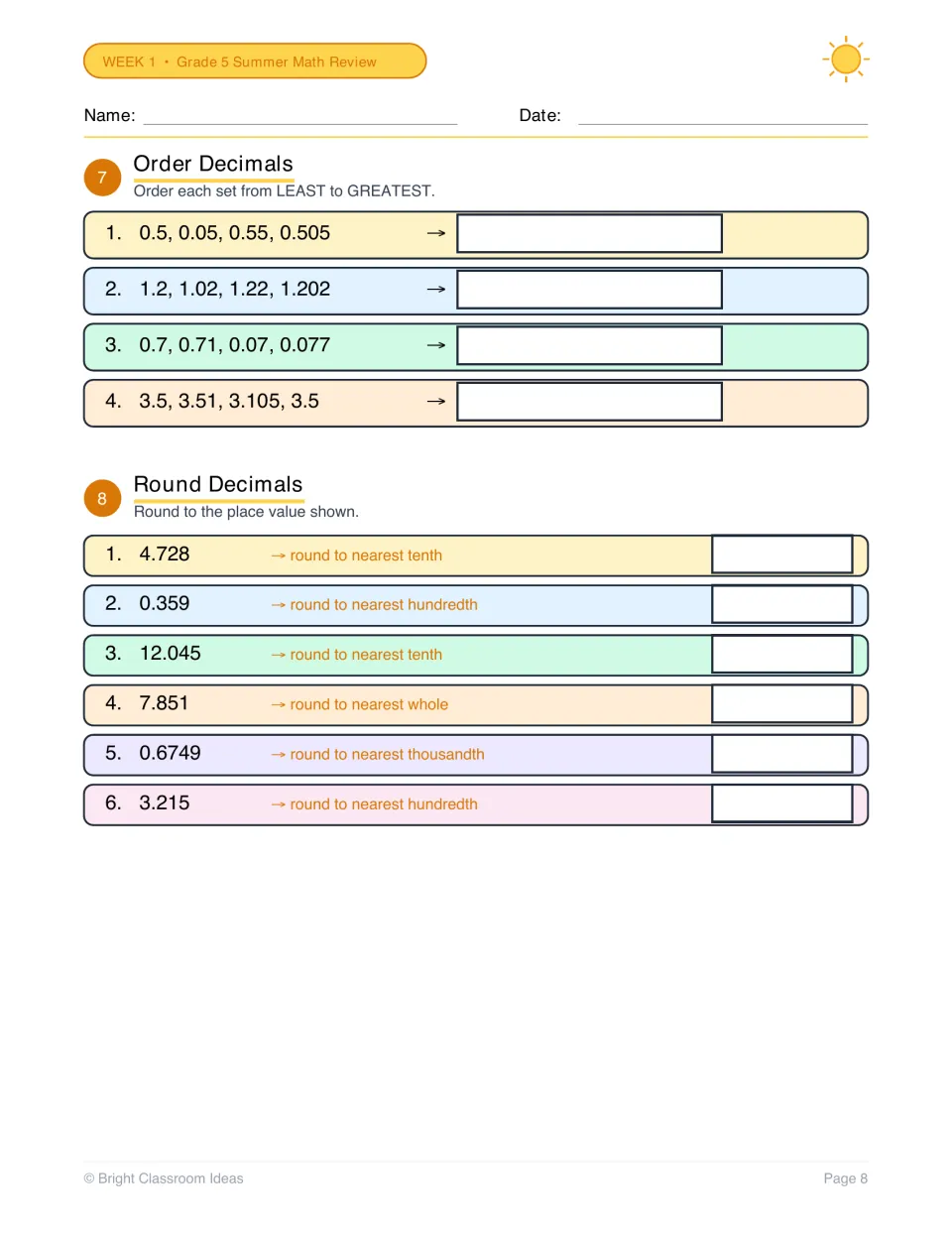 Ordering and rounding decimals: students order 4 sets least to greatest and round 6 decimals to a given place value
