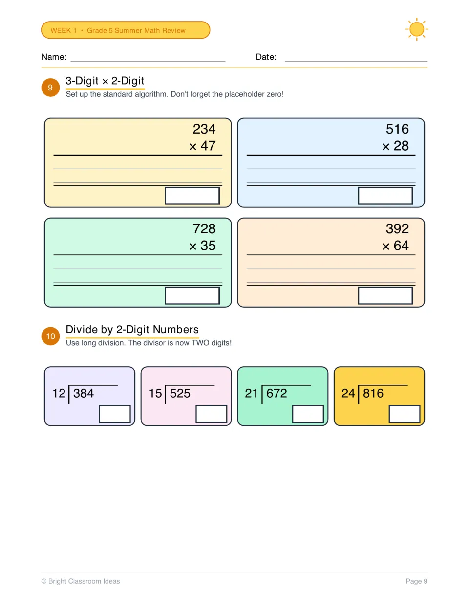 Multi-digit multiplication and long division: students solve 4 problems like 234 × 47 and 4 with 2-digit divisors