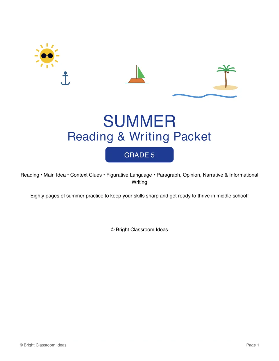 Grade 5 summer literacy packet cover listing reading, main idea, context clues, and four types of writing