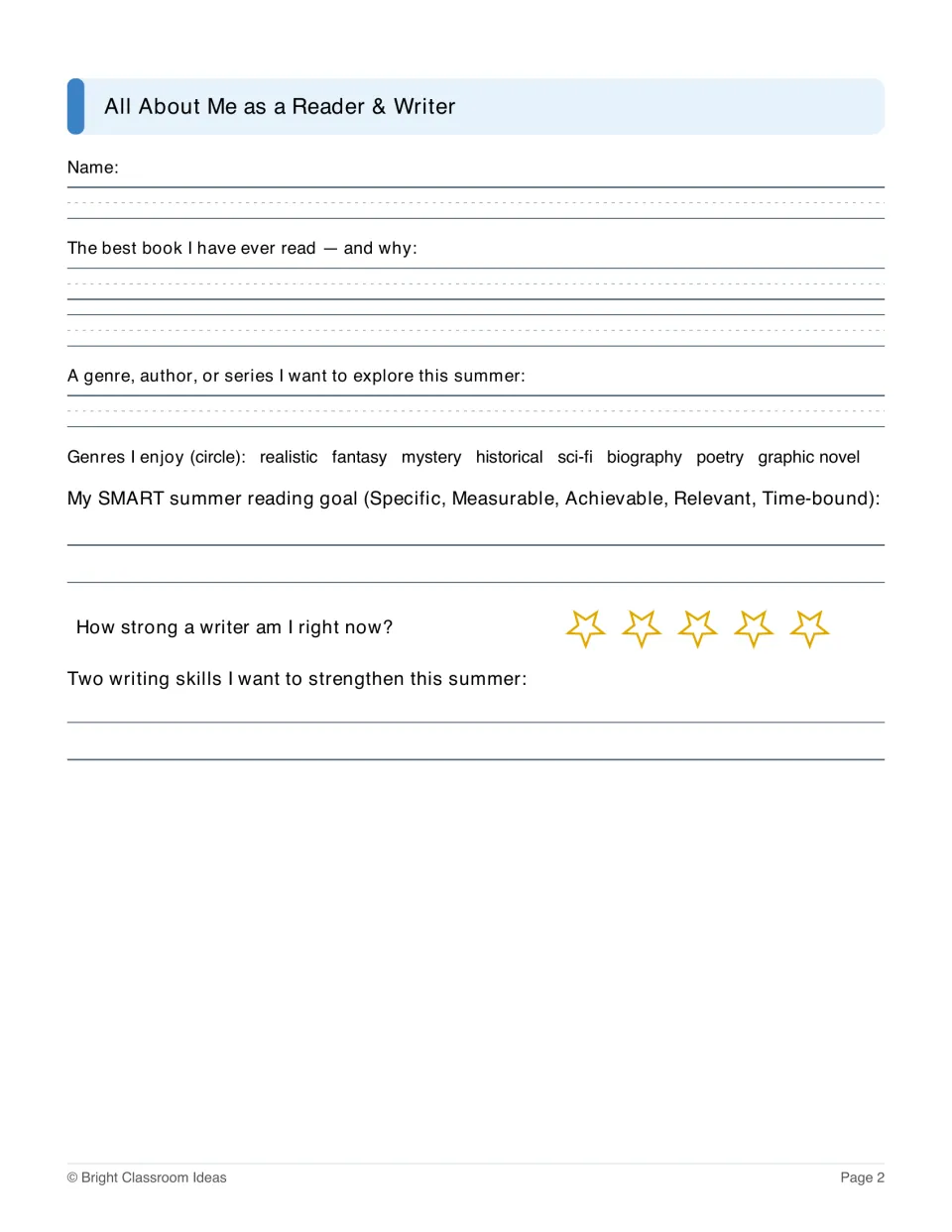 Reader and writer self-assessment asks about favorite books, genres, a SMART goal, and writing skills