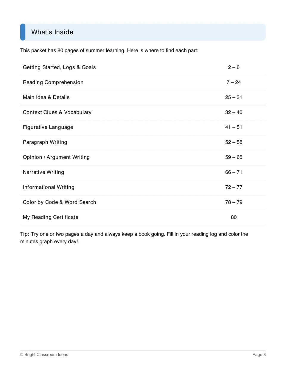 Summer workbook contents list reading, vocabulary, and writing sections, puzzles, and a reading certificate