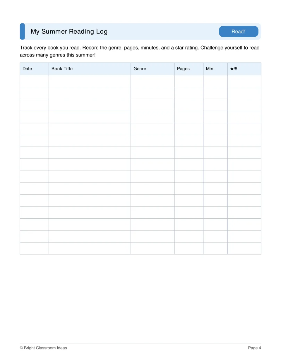 Summer reading log records each book's date, title, genre, pages, reading minutes, and rating out of five