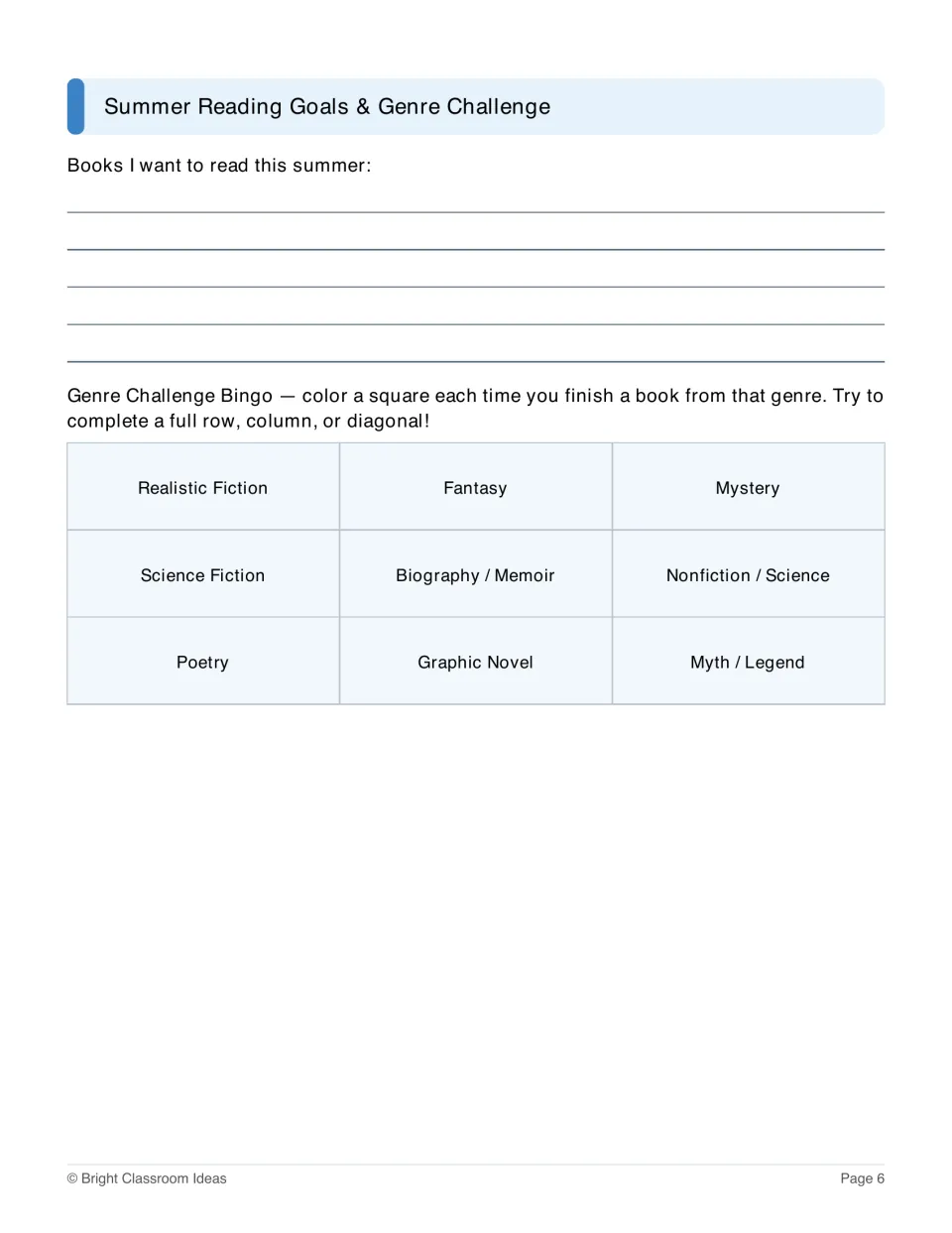 Summer reading goals page pairs a book wish list with genre bingo covering fantasy, mystery, and seven more