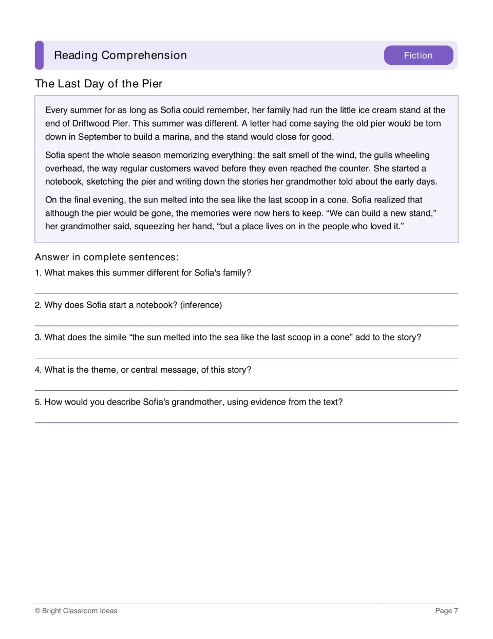 Fiction passage The Last Day of the Pier follows Sofia's closing family stand, with five comprehension questions