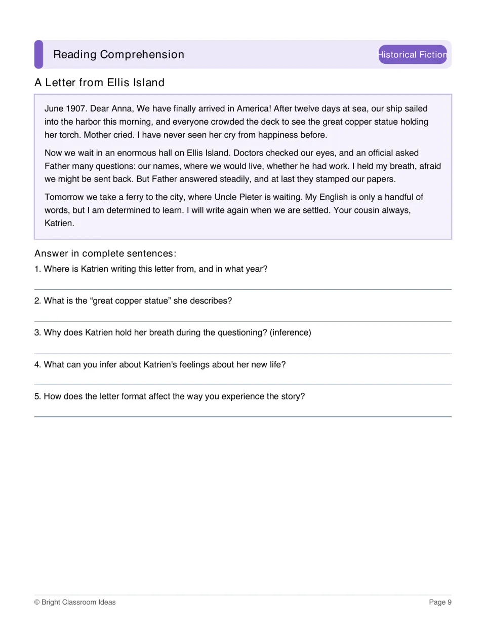 Historical fiction passage A Letter from Ellis Island shares Katrien's June 1907 arrival, with five questions