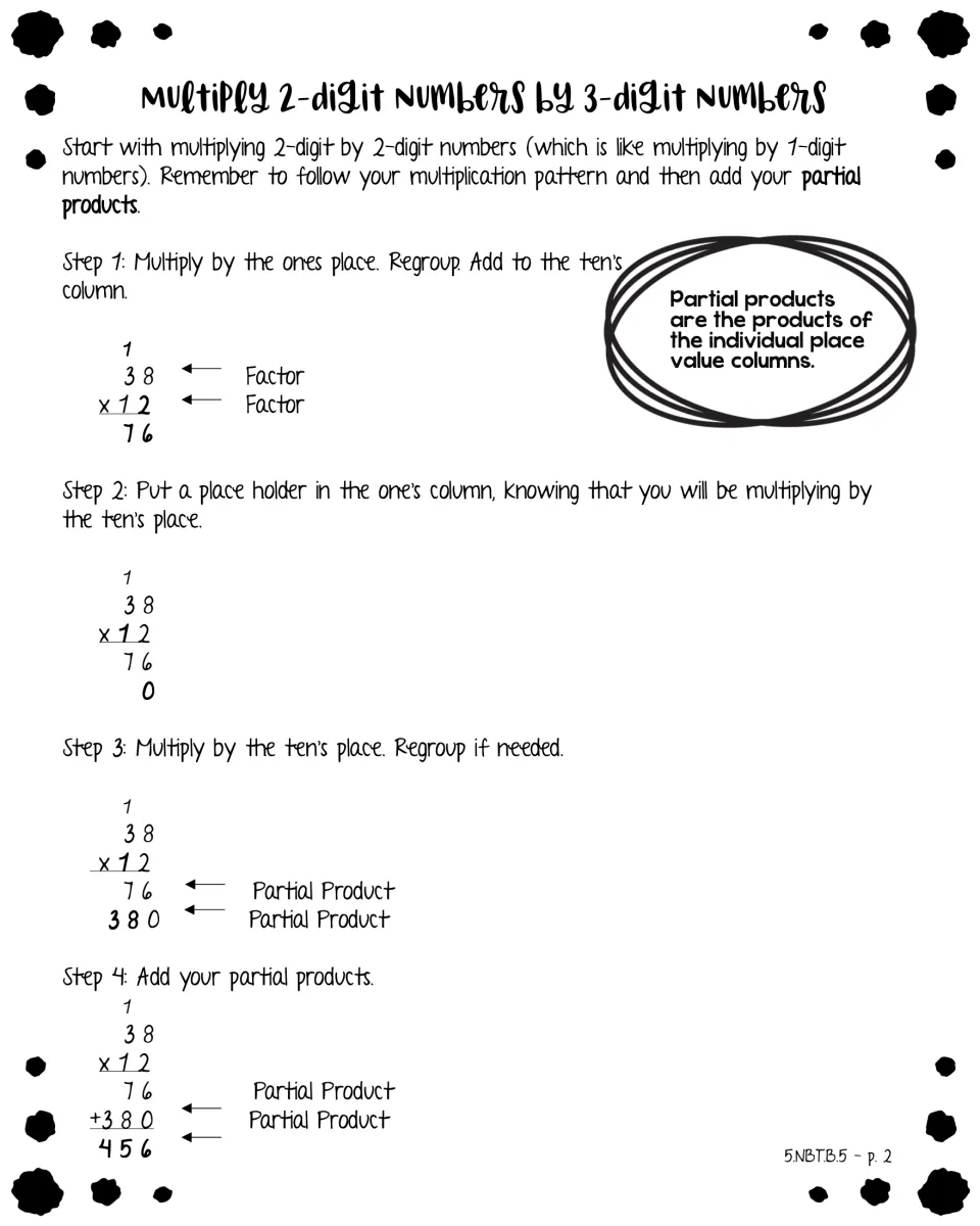 Multiplying 38 x 12 step by step: multiply the ones, add a placeholder zero, then add partial products to get 456