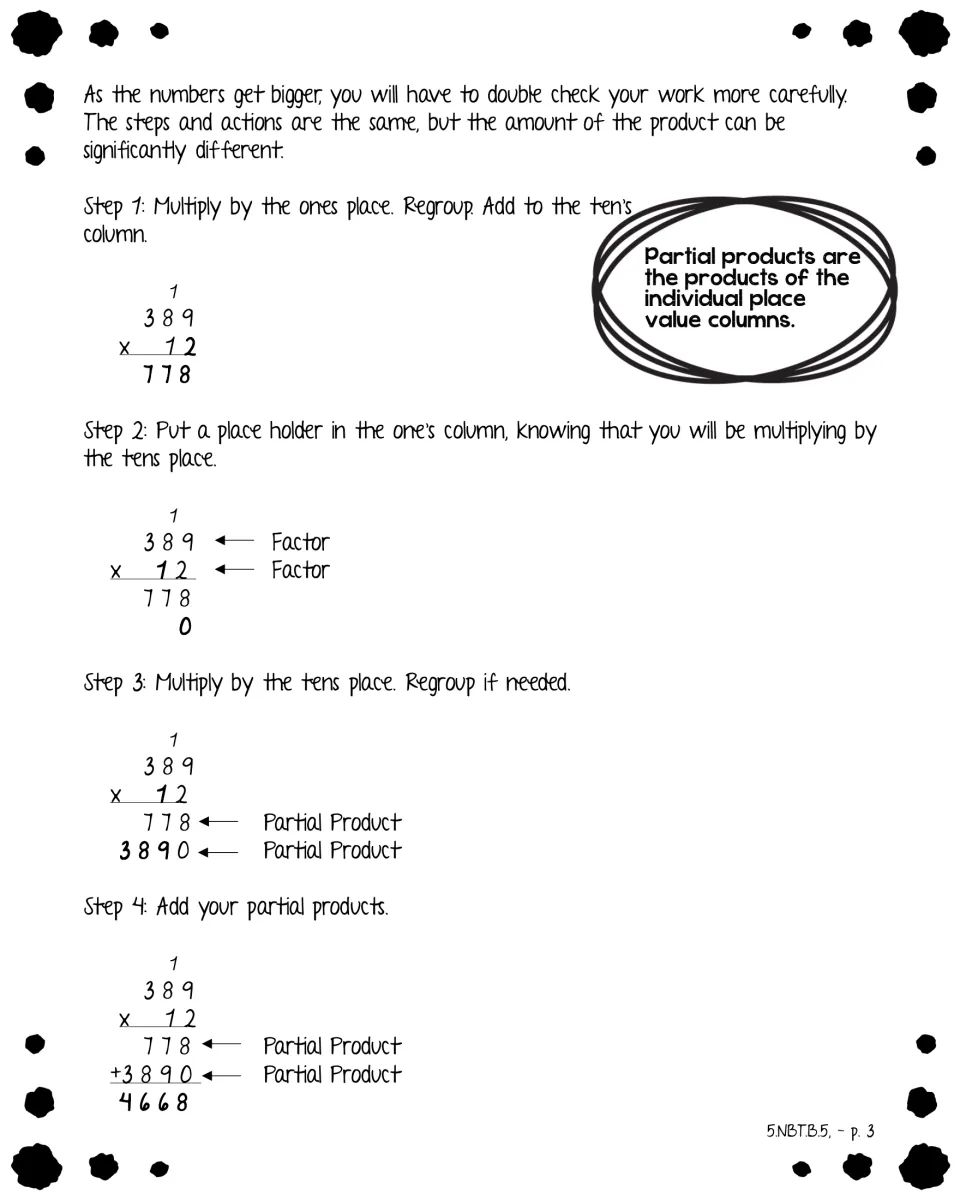 Worked example of 389 x 12 in four steps, regrouping and adding partial products 778 and 3890 to reach 4668