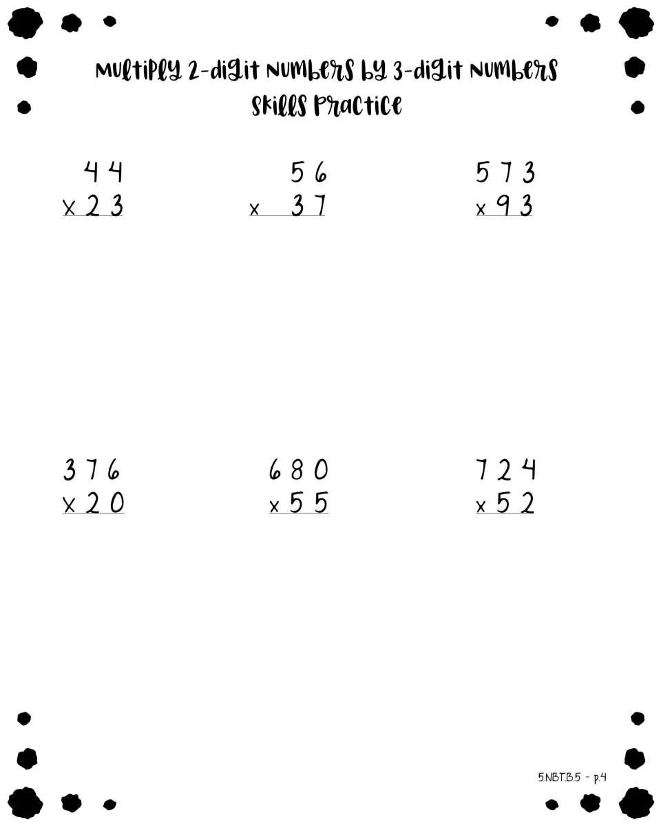 Multi-digit multiplication practice: students solve six problems such as 44 x 23, 573 x 93 and 724 x 52