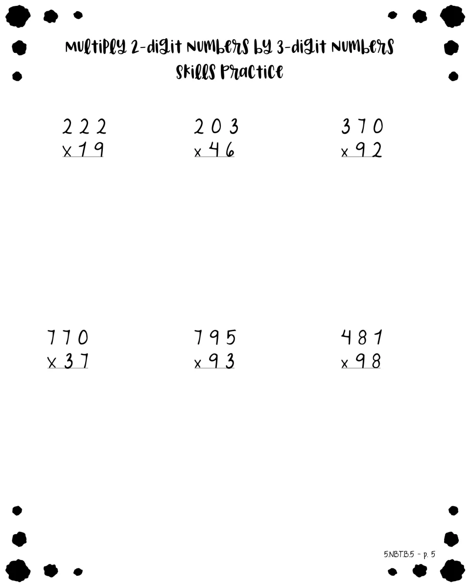 More multi-digit multiplication: students solve six problems including 222 x 19, 770 x 37 and 481 x 98