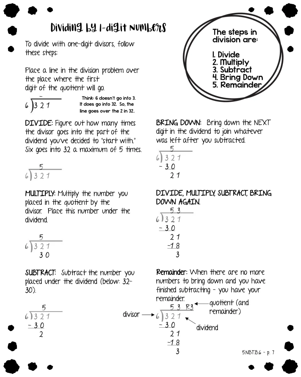 Dividing by 1-digit numbers: worked example of 321 ÷ 6 = 53 R3 using divide, multiply, subtract and bring down
