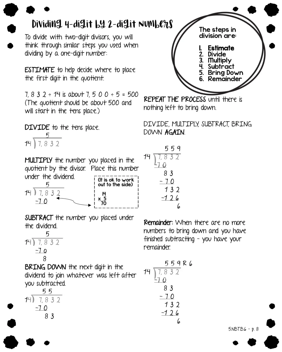 Long division with a 2-digit divisor: estimate first, then divide 7,832 by 14 step by step to get 559 R6