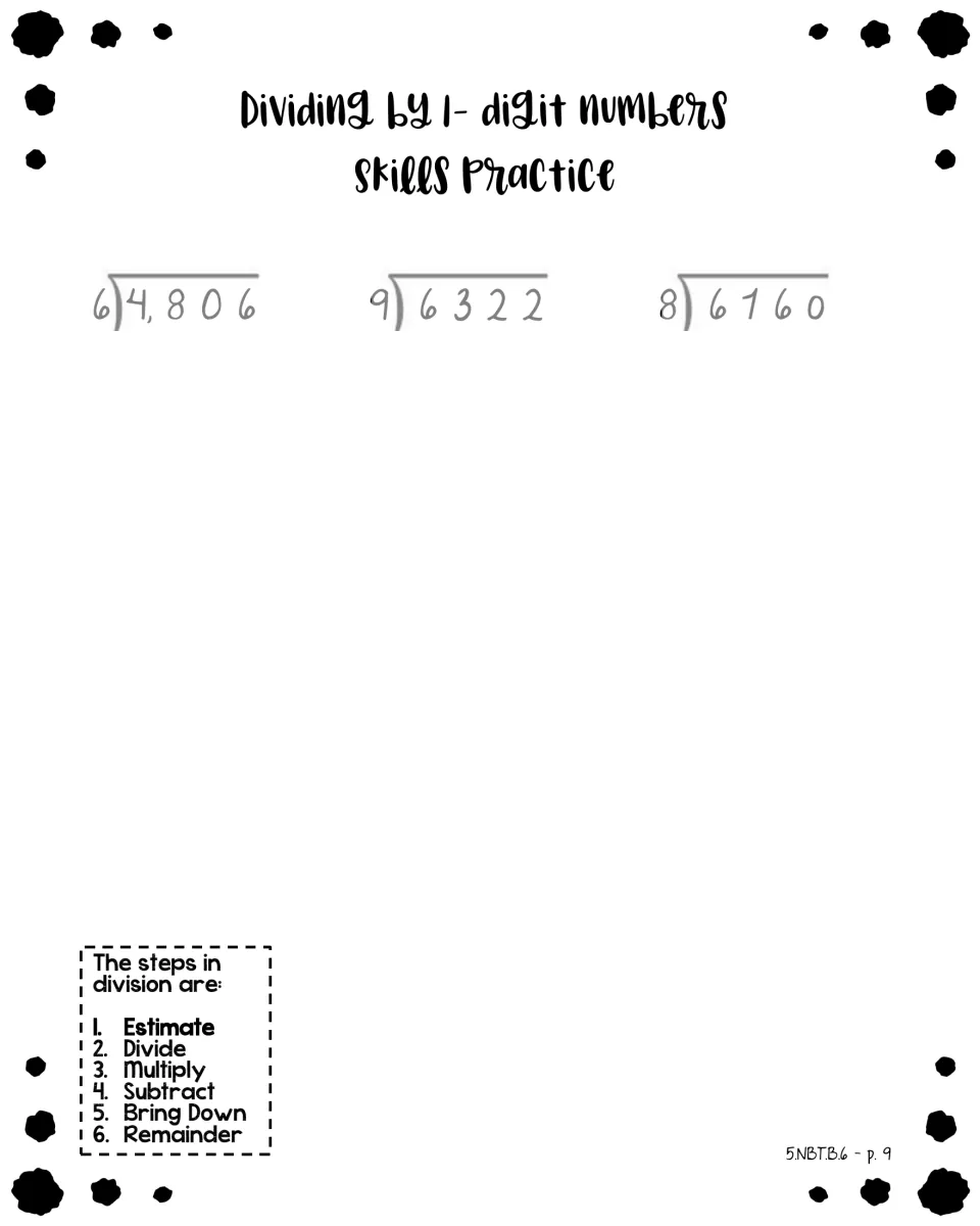 Dividing by 1-digit numbers practice: students solve 4,806 ÷ 6, 6322 ÷ 9 and 6160 ÷ 8 with a division steps reminder