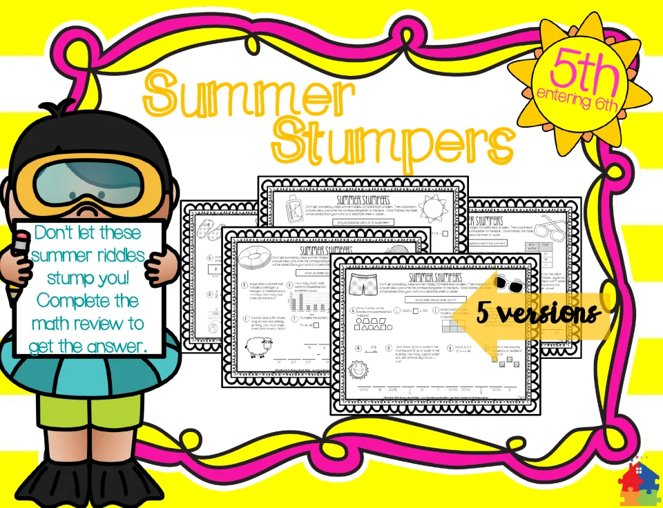 Summer Stumpers cover for 5th entering 6th: math review riddles in 5 versions, solved by completing each problem