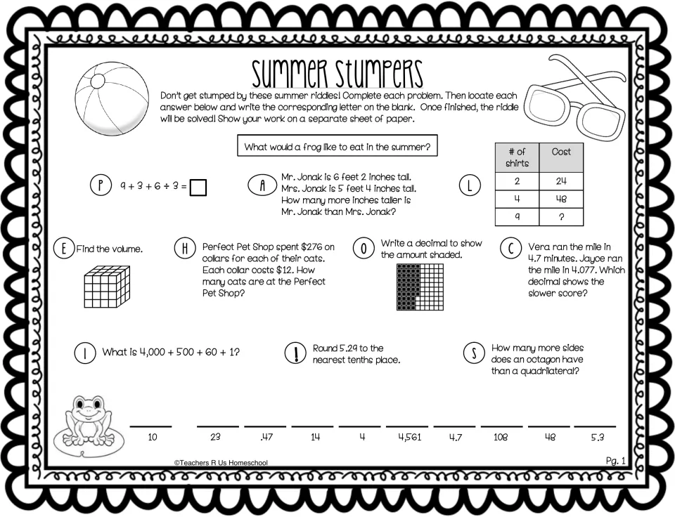 Frog riddle math review: students solve order of operations, volume, decimals and rounding, then match letters to answers