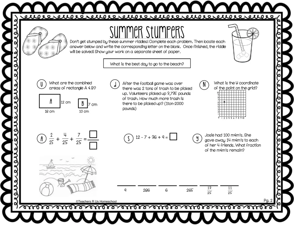 Beach-day riddle: students find combined area, convert tons to pounds, add fractions and read a coordinate to decode it