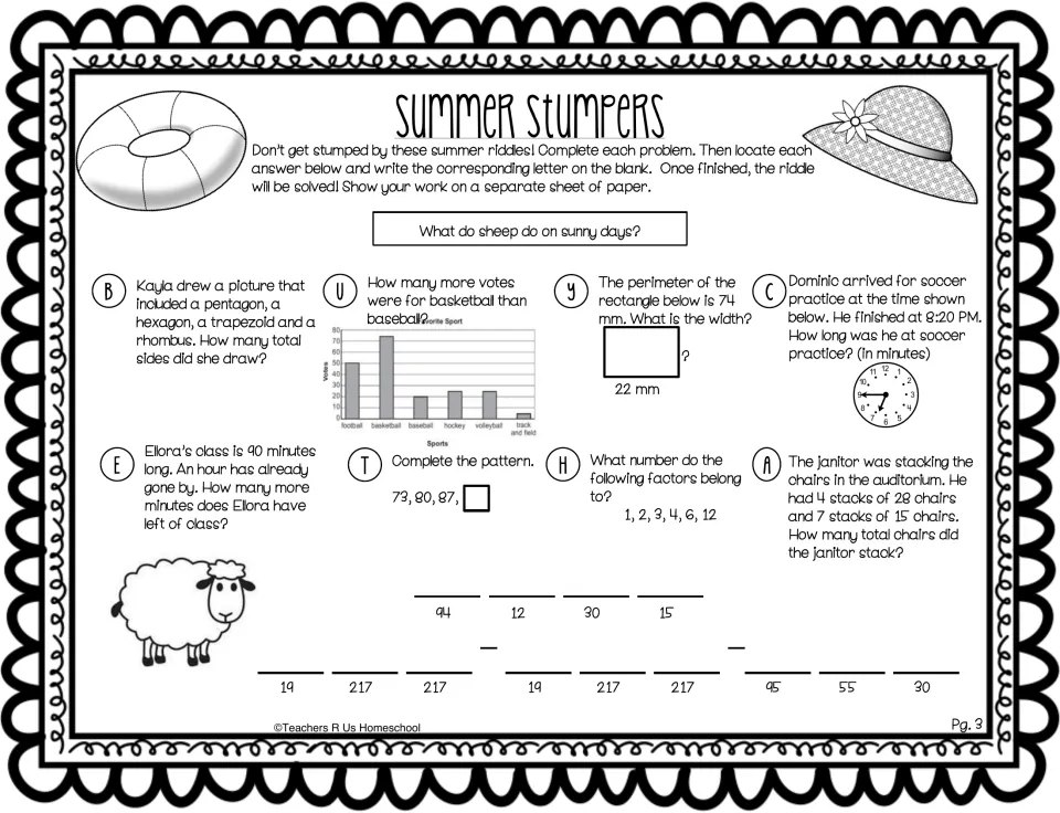 Sheep riddle review: students read a bar graph, find a rectangle's width from perimeter, then elapsed time and patterns