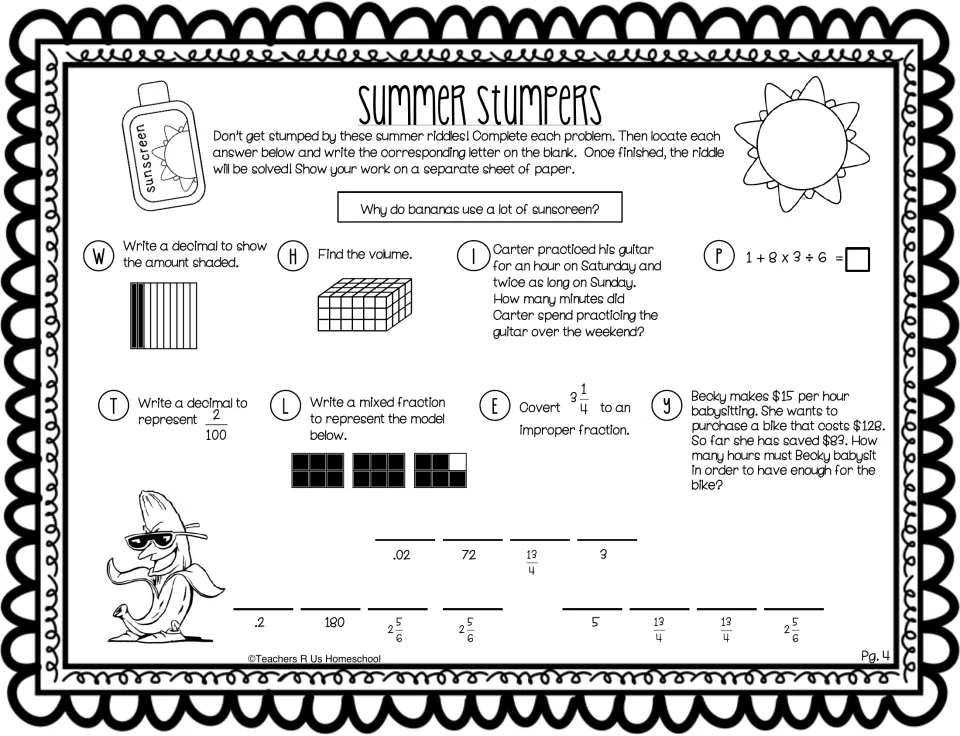 Banana sunscreen riddle: students write decimals from models, find volume, convert mixed numbers and solve money problems