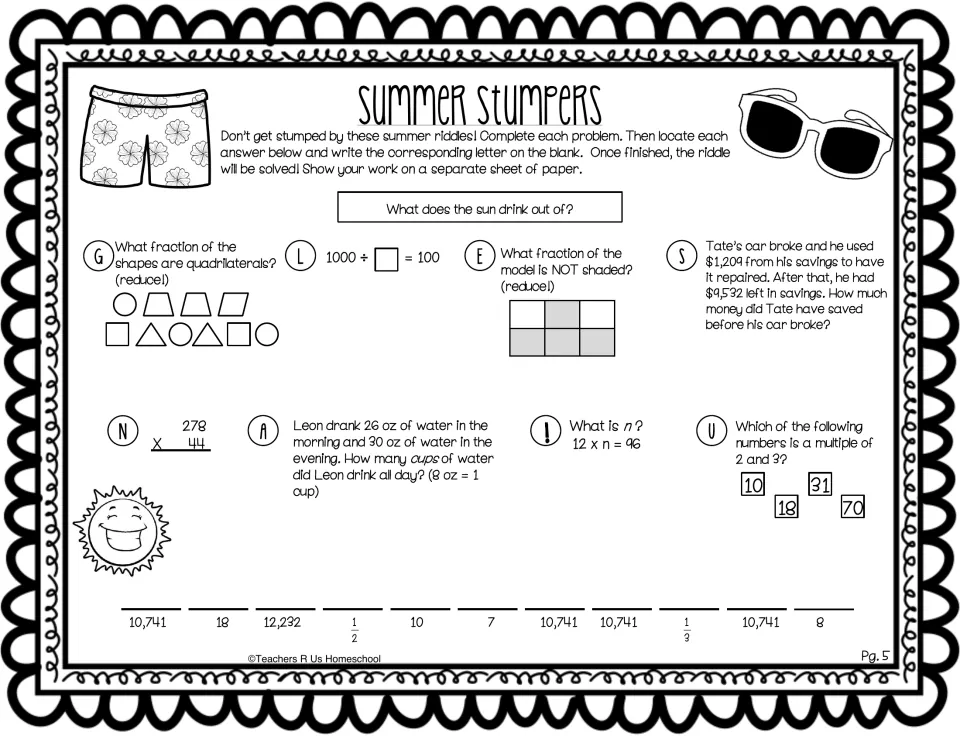 Sun riddle: students reduce fractions, multiply 278 x 44, convert ounces to cups and find a multiple of 2 and 3 to decode