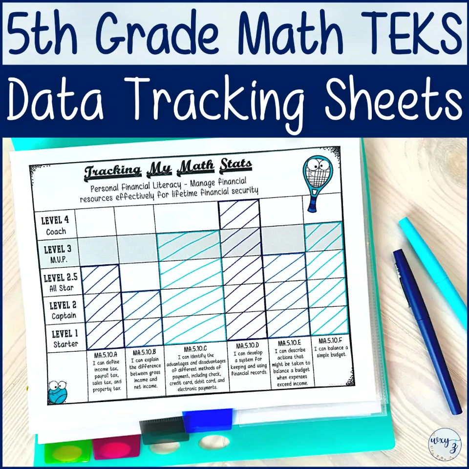 Cover of the TEKS math data tracking set, showing a student bar graph shaded by level for personal financial literacy goals