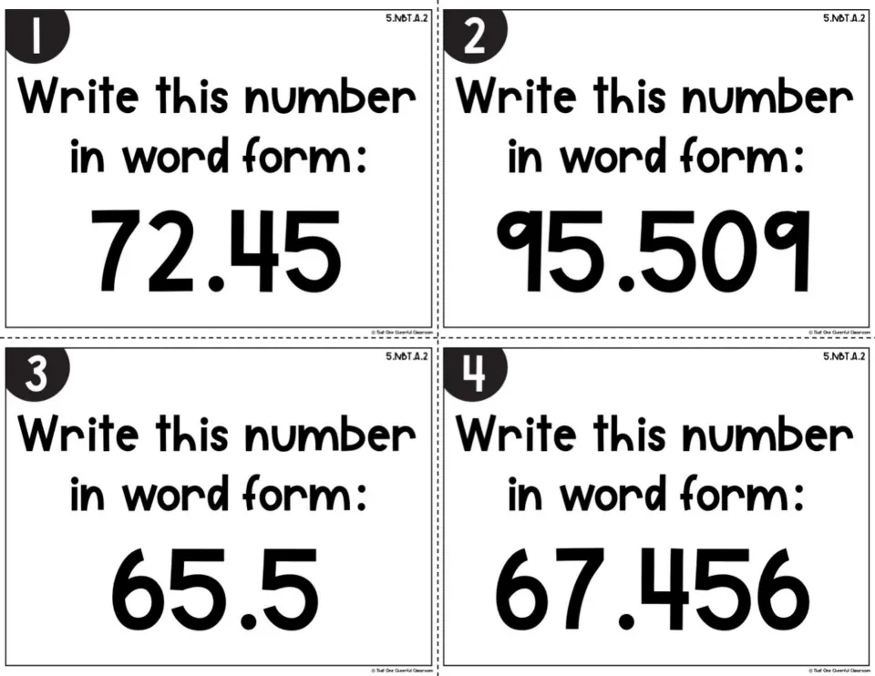 Decimal word form cards 1-4: students write 72.45, 95.509, 65.5 and 67.456 in words to practise reading place value