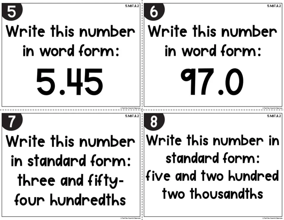 Cards 5-8: write 5.45 and 97.0 in word form, then write three and fifty-four hundredths and another in standard form